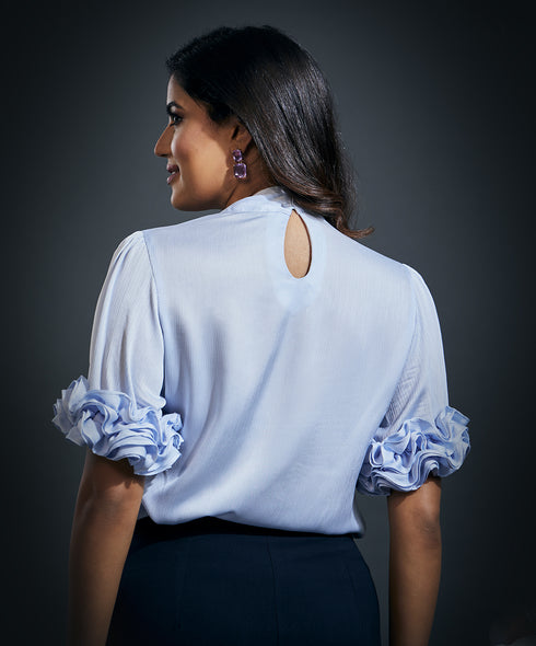 Sleeve Frilled Satin Half Sleeve Top-Blue